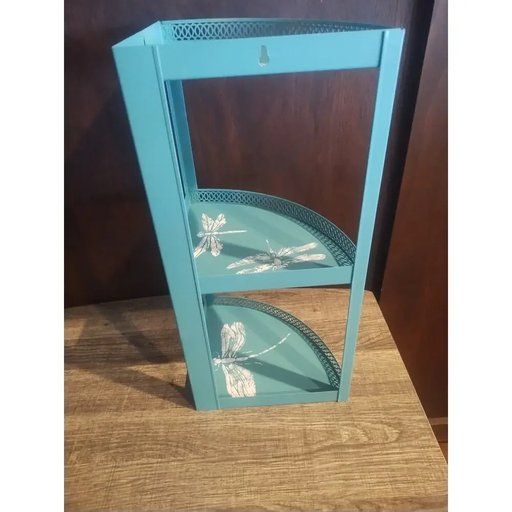 Vtg Metal Mesh Filagree Edge Corner Shelf 3 Tier Wall Hang MCM Blue Perforated